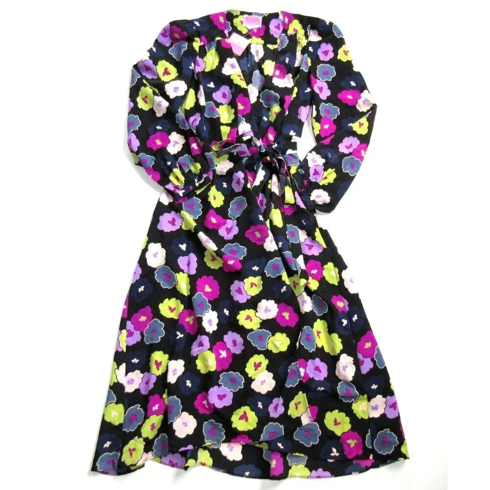 NWT Kate Spade New York Winter Garden Midi in Black Floral Print Wrap Dress 0